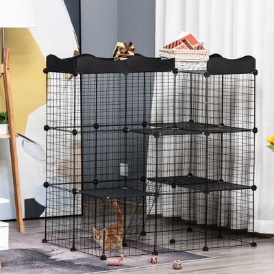 PawHut - Cage enclos chat modulable 3 niv. 2 portes rampe plateformes