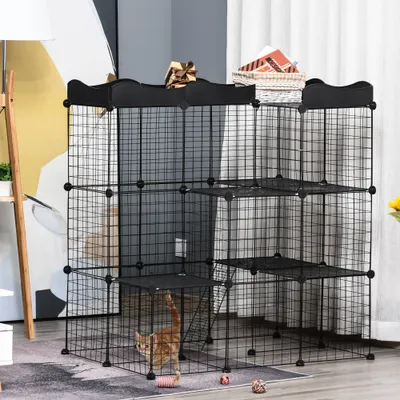 PawHut - Cage enclos chat modulable 3 niv. 2 portes rampe plateformes