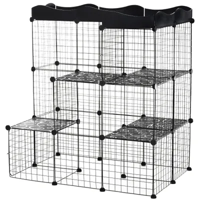 PawHut - Cage enclos chat modulable 3 niv. 2 portes rampe plateformes