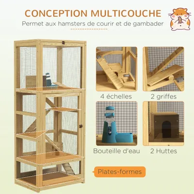 PawHut - 5-Level Rodent Cage with Accessories H.131cm - Bois naturel