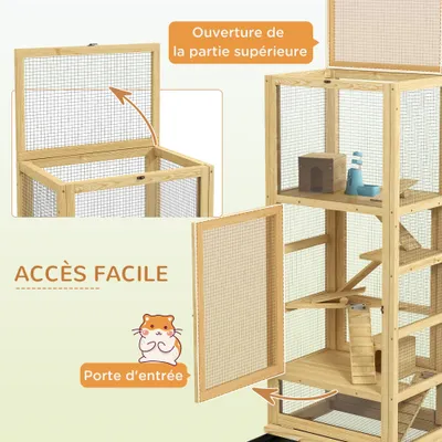 PawHut - 5-Level Rodent Cage with Accessories H.131cm - Bois naturel