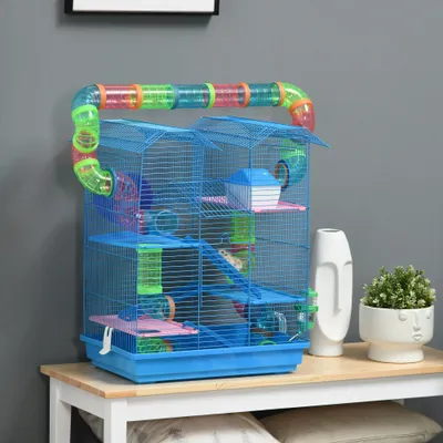 PawHut - Cage Hamster avec Tunnel Roue H.59 cm - Bleu