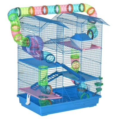 PawHut - Cage Hamster avec Tunnel Roue H.59 cm - Bleu