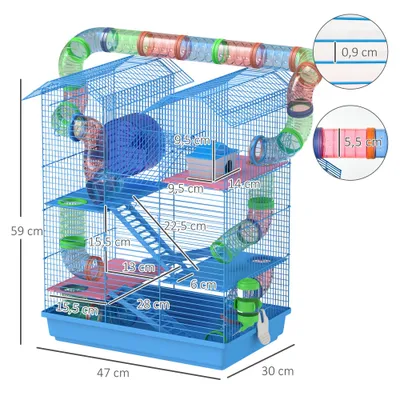 PawHut - Cage Hamster avec Tunnel Roue H.59 cm - Bleu