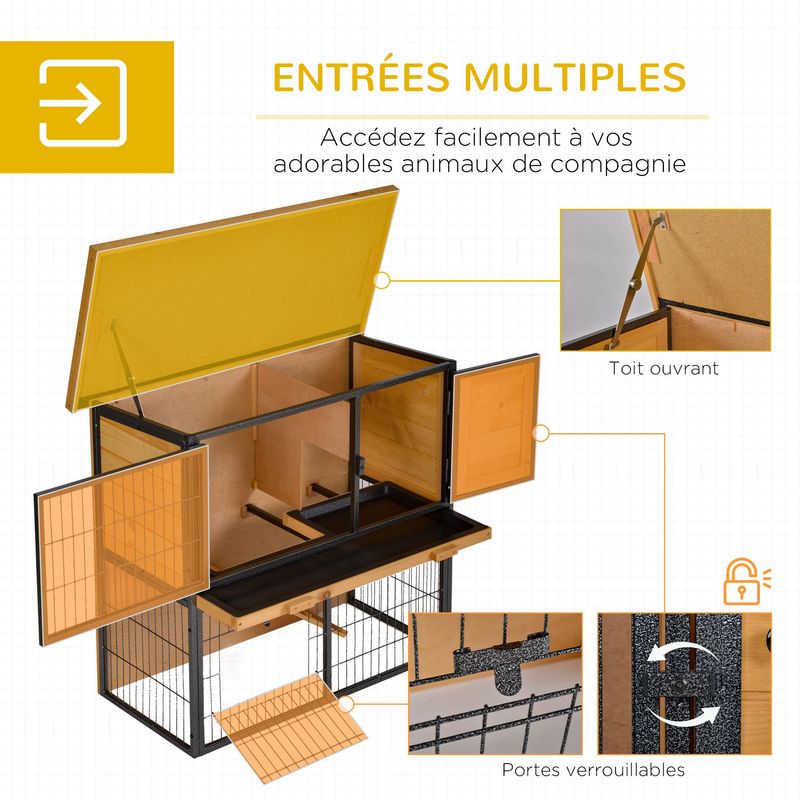 PawHut - Cage Lapin 2N 3 Portes Verrou - H.81 cm - Orange