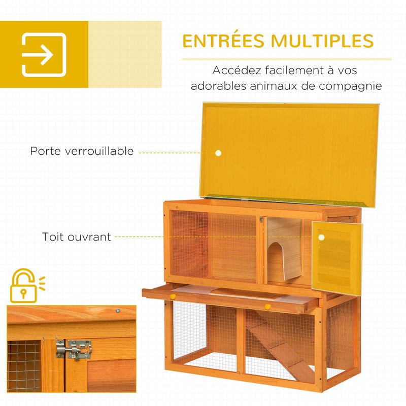 PawHut - cage à lapin 2 étages toit ouvrant H.80 cm - gris