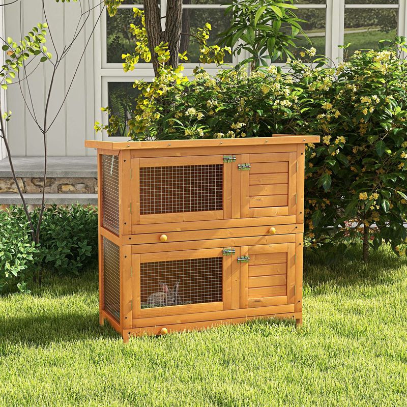 PawHut - Cage à Lapin Double Niveau Plateaux Coulissants H.90 cm