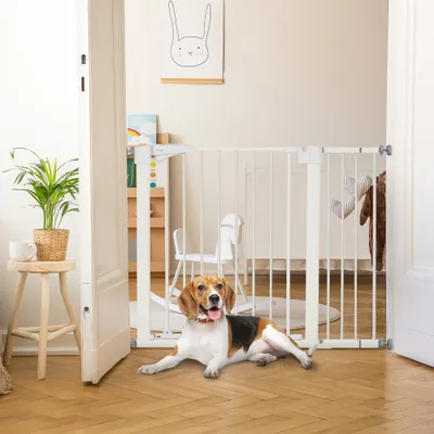 PawHut ? Barrière de sécurité animaux réglable avec porte acier blanc