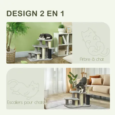 PawHut - escalier chat 3 marches multi-équipement H.50 cm - gris
