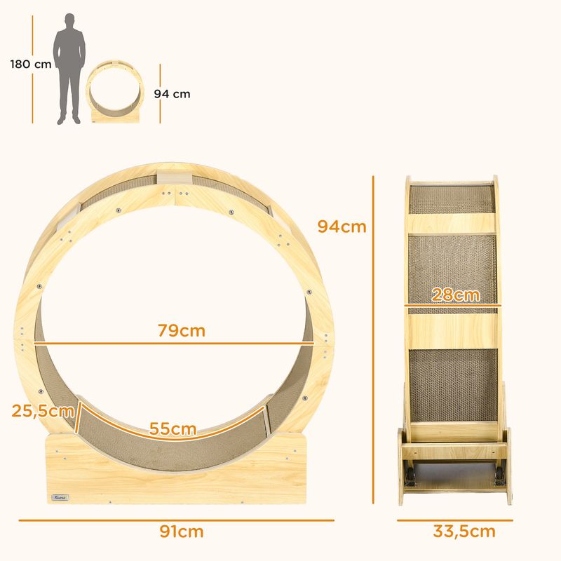 PawHut - roue d'exercice grattoirs pour chat H.94 cm - naturel