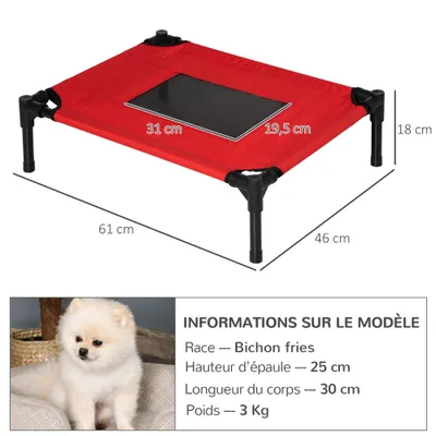 PawHut - Lit surélevé micro-perforé chien-chat H.18 cm - rouge