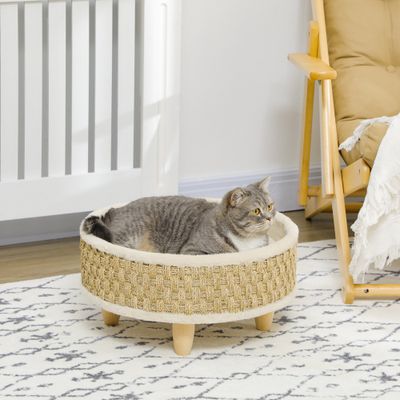PawHut - Panier chat style cosy naturel avec coussin bois jonc de mer