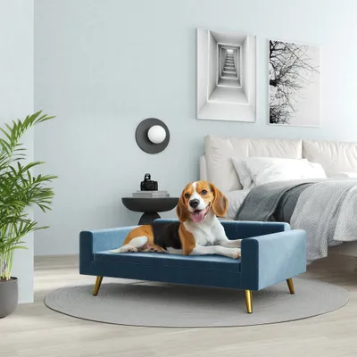 PawHut - Canapé chien style art déco acier doré velours bleu