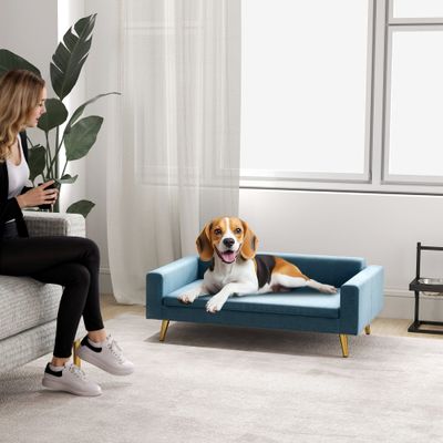 PawHut - Canapé chien style art déco acier doré velours bleu