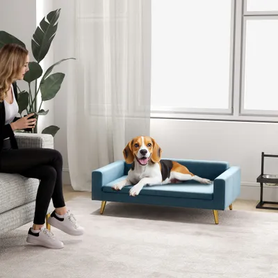 PawHut - Canapé chien style art déco acier doré velours bleu