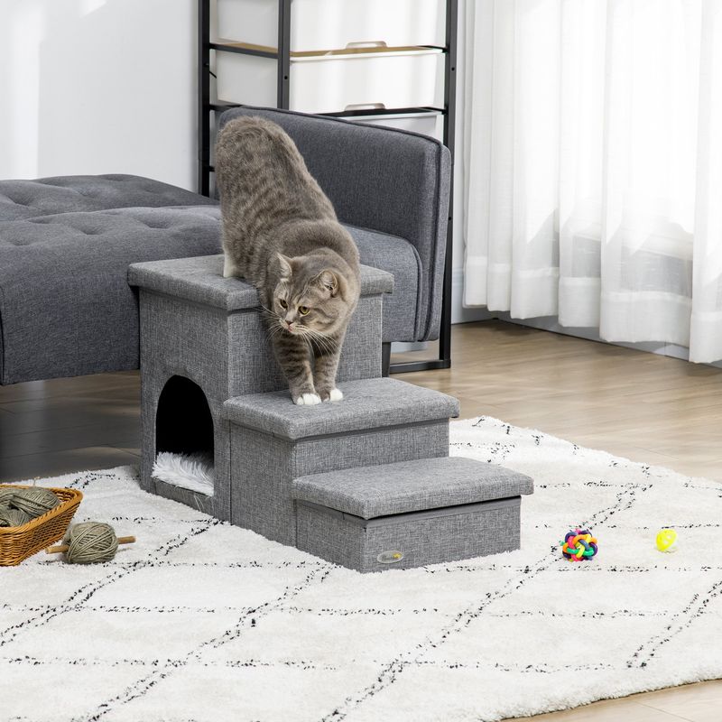 PawHut - escalier niche coffre 3en1 - gris