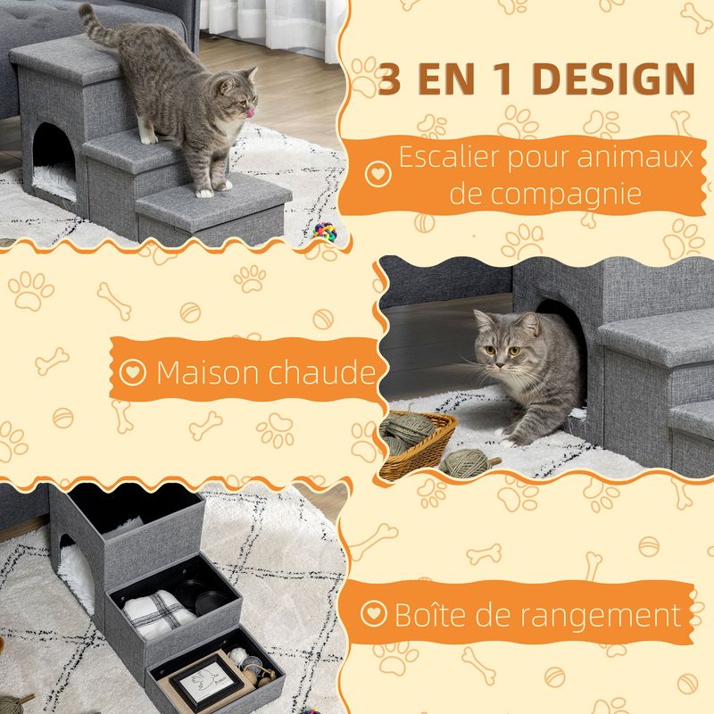 PawHut - escalier niche coffre 3en1 - gris