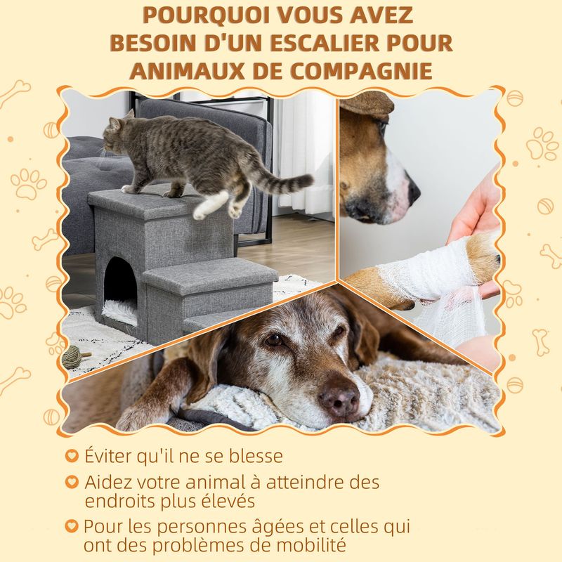 PawHut - escalier niche coffre 3en1 - gris