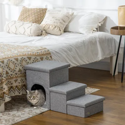 PawHut ? Escalier pour chat chien niche coffre 3 en 1 coussin inclus