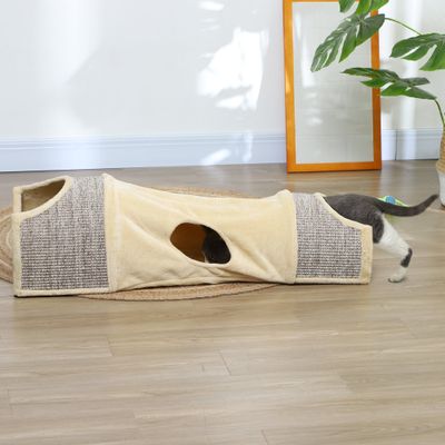 PawHut - Tunnel pour chat modulable 3 portes 2 griffoirs beige