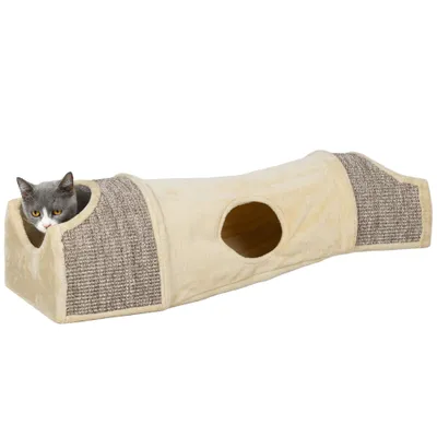 PawHut - Tunnel pour chat modulable 3 portes 2 griffoirs beige