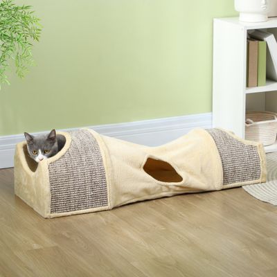 PawHut - Tunnel pour chat modulable 3 portes 2 griffoirs beige