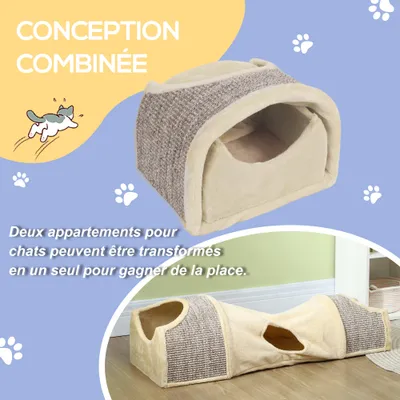 PawHut - tunnel pour chat modulable L.107 cm - beige