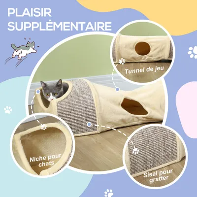 PawHut - tunnel pour chat modulable L.107 cm - beige