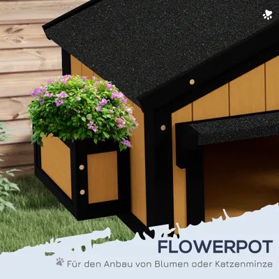 Maison pour chat en bois 2 étages avec toit étanche et jardinière