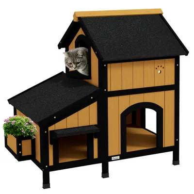 Maison pour chat en bois 2 étages avec toit étanche et jardinière