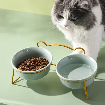 UAMLY Gamelle double en céramique pour chat avec support en fer