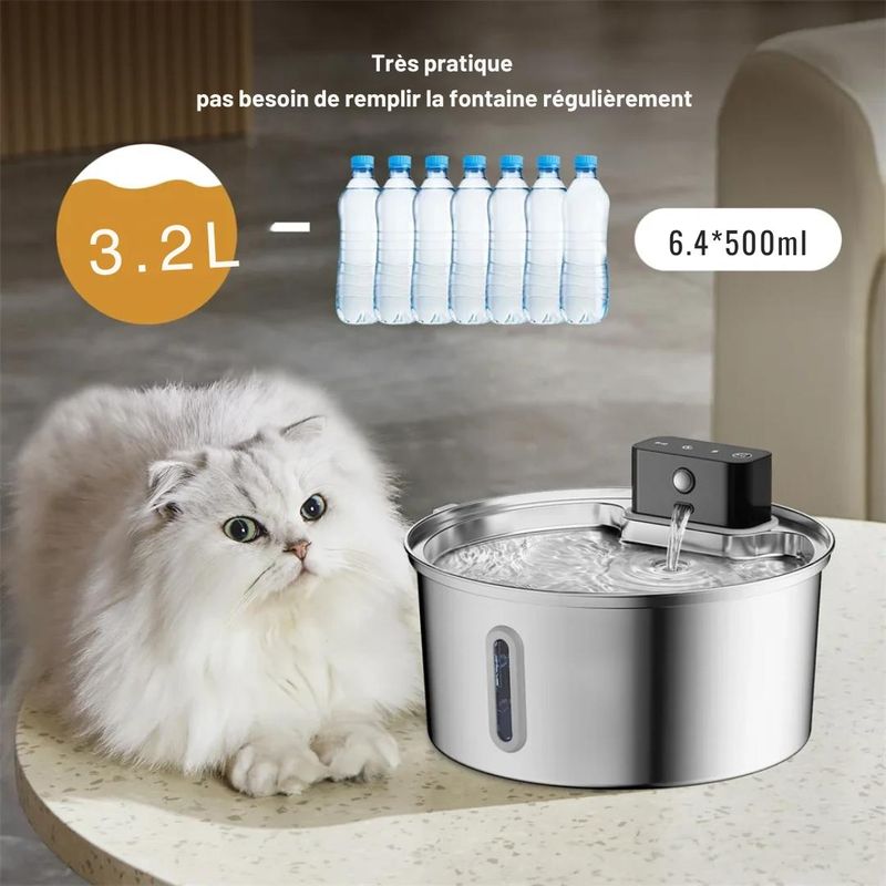 Fontaine à eau en acier inoxydable 3,2L - Pour chats & chiens - Weomg