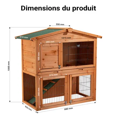 Wiltec Clapier – 1015 x 510 x 1000 mm – 2 étages – Toit bitumé – en Bois de