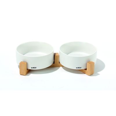 MPETS - OPERA Bols en céramique avec support en bambou 2x350 ml - Blanc