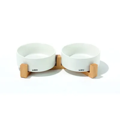 MPETS - OPERA Bols en céramique avec support en bambou 2x350 ml - Blanc