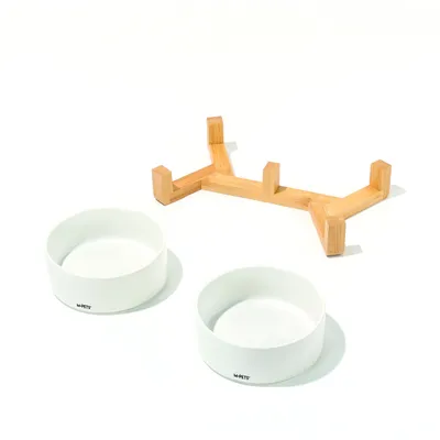 MPETS - OPERA Bols en céramique avec support en bambou 2x350 ml - Blanc