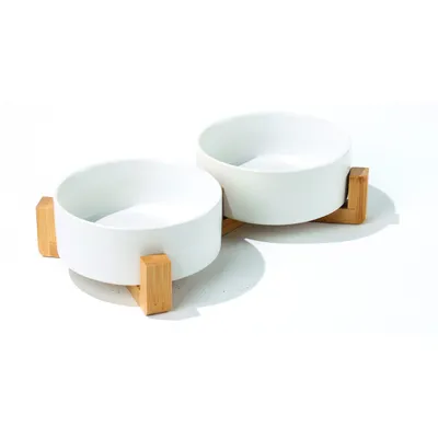 MPETS - OPERA Bols en céramique avec support en bambou 2x350 ml - Blanc