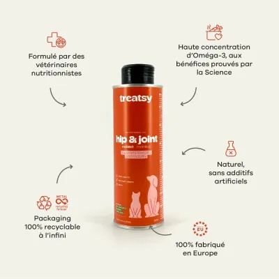 Treatsy Huile de Poissons Naturelle Oméga 3 - Mobilité pour chiens & chats