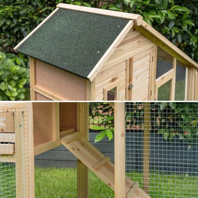 lionto Kaninchenstall aus Holz mit 2 Etagen, Rampe und Bitumendach