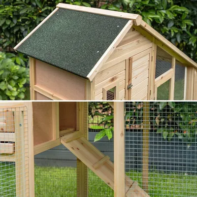 lionto Kaninchenstall aus Holz mit 2 Etagen, Rampe und Bitumendach