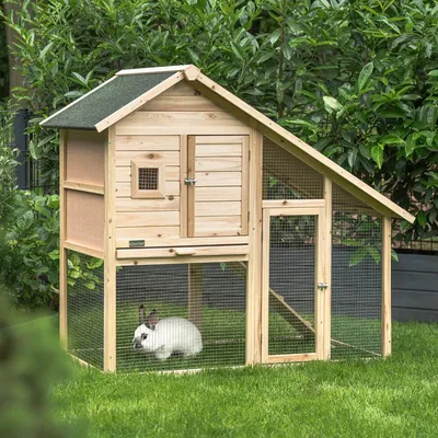 lionto Kaninchenstall aus Holz mit 2 Etagen, Rampe und Bitumendach