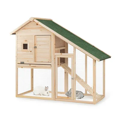 lionto Kaninchenstall aus Holz mit 2 Etagen, Rampe und Bitumendach