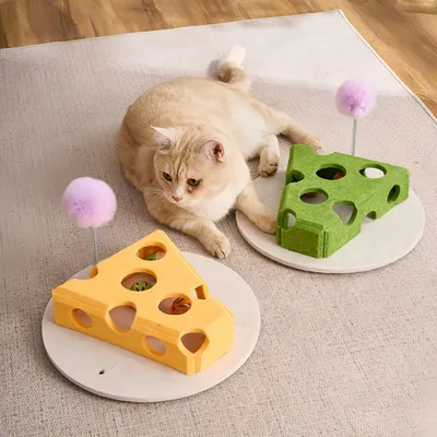 FurryFusion Coffre à jouets interactif pour chat en forme de fromage