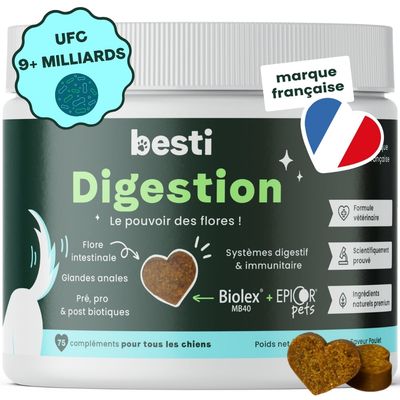 BESTI | Digestion | Compléments Alimentaires Vétérinaires pour Chiens 120 compléments premium et appétissants au poulet 🍗   - 300 gr