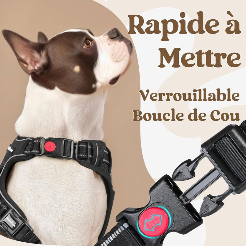 Harnais Anti-Traction Chien 3 Boucle,Attache Devant Réfléchissant Noir T.S