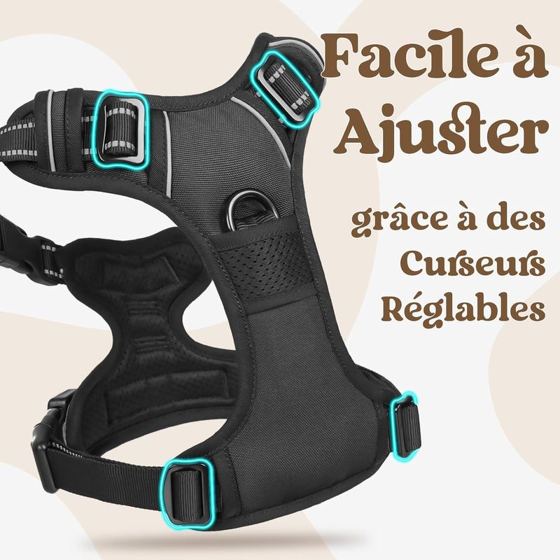 Harnais Anti-Traction Chien 3 Boucle,Attache Devant Réfléchissant Noir T.S