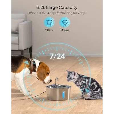 LovuPet Fontaine à Eau pour Chat–Fontaine à Eau en Acier Inoxydable de 3,2L