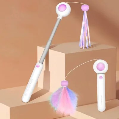 LovuPet Jouet chat interactif rose avec plumes et bâton rétractable pompons