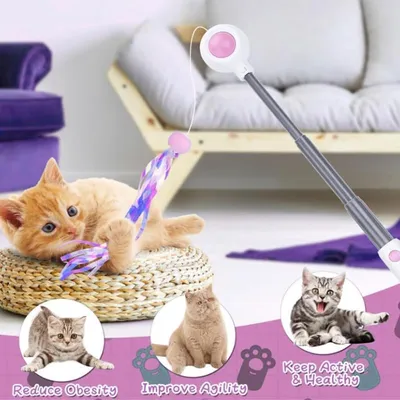 LovuPet Jouet chat interactif rose avec plumes et bâton rétractable pompons