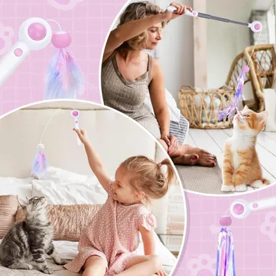 LovuPet Jouet chat interactif rose avec plumes et bâton rétractable pompons